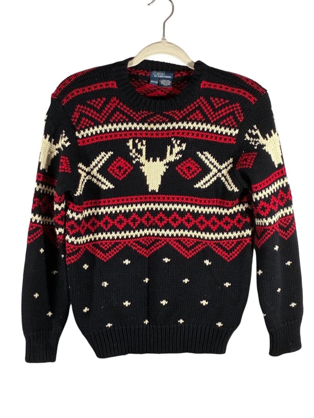 Polo Ralph Lauren Kids Fair Isle Reindeer Sweater Black Red Cream M 12/14 Cotton